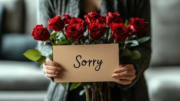 Female person holding a bouquet of red roses photo
