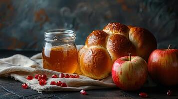 Rosh Hashanah still life with apples and honey photo
