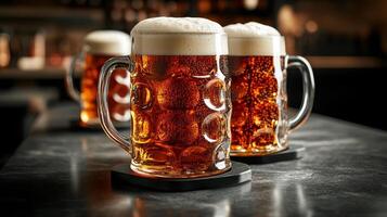 Three frosty mugs of dark beer with foamy heads photo