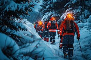 A group of rescuers and a rescue helicopter in the mountains in winter. Generated by artificial intelligence photo