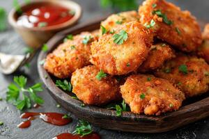 Appetizing fried homemade beef and pork cutlets on a black marble base. Generated by artificial intelligence photo