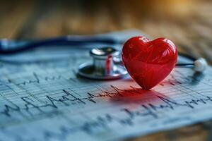 Red volumetric heart on the ECG graph. Concept of medicine and health preservation. Generated by artificial intelligence photo