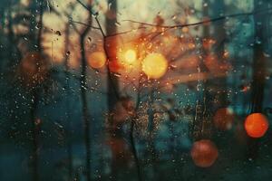 Sun glare on wet, foggy glass in autumn. Generated by artificial intelligence photo