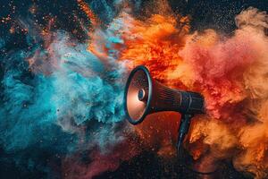 A megaphone speaker or loudspeaker megaphone releases an explosion of colored paint. Banner for advertising promotion. Generated by artificial intelligence photo