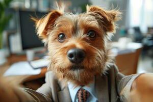 Dog boss in a business suit takes a selfie in the office. photo