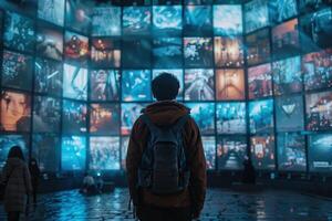 Multiple screens broadcasting on a dark street. Generated by artificial intelligence photo