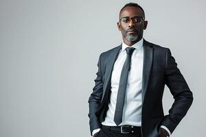 Portrait of smart successful African American man in business suit on white background. Generated by artificial intelligence photo