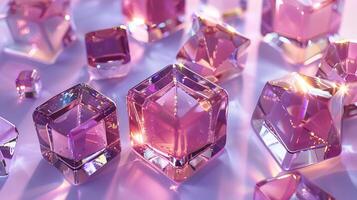 Rainbow crystal cubes or blocks on purple abstract background, glass refraction effect. Generated by artificial intelligence photo