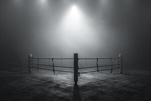 A dimly lit boxing ring surrounded by katanas against a dark background. Generated by artificial intelligence photo