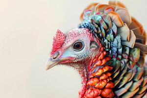 Turkey with bright plumage on a white background. Generated by artificial intelligence photo