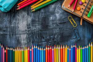Colorful sharpened pencils are lined up on the table. photo
