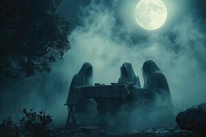 Ghosts in white cloaks sit at a table in the forest against the backdrop of a full moon and thick fog. Halloween concept. Generated by artificial intelligence photo
