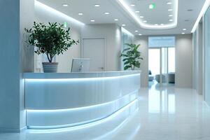 Illuminated stylish reception area with green plants in a medical center. Reception desk with a computer. Generated by artificial intelligence photo