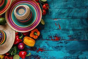 Mexico national holiday concept. Top view of sombrero hat and vegetables on blue wooden background with space for text. Generated by artificial intelligence photo