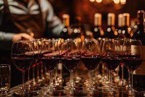 Glasses of different types of wine on the bar counter with a bartender. Generated by artificial intelligence photo