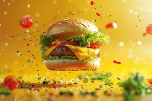 Appetizing burger with greens, tomato and cheese in flight on a yellow background with blur. photo