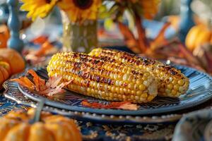 Top view of grilled sweet corn on a plate with decorative pumpkins in the background. Thanksgiving corn. Generated by artificial intelligence photo