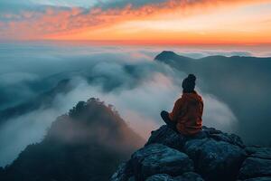 Silhouette of a woman sitting on a mountain above the clouds in the morning. Meditation spot on top of mountain with fog at dawn photo