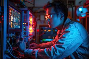 An engineer calibrates a device using the latest technology in a modern laboratory. Authentic workflow. photo