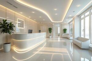Illuminated stylish reception area with green plants in a medical center. Reception desk with a computer. Generated by artificial intelligence photo
