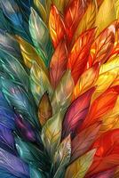 Abstract vertical background with colorful glass bird feathers. Generated by artificial intelligence photo