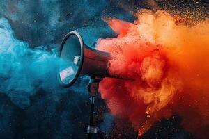 A megaphone speaker or loudspeaker megaphone releases an explosion of colored paint. Banner for advertising promotion. Generated by artificial intelligence photo