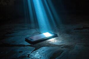 Rays of light hit the smartphone screen in the dark. Generated by artificial intelligence photo