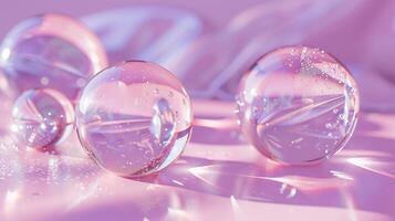 Rainbow crystal spheres or balls on purple background. Glass abstract composition of geometric shapes with holographic gradient texture. Generated by artificial intelligence photo
