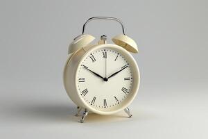 Retro style white alarm clock on white background with empty space. Generated by artificial intelligence photo