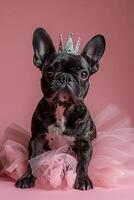 Black Boston Terrier wearing a crown and a tutu on a pink background. Generated by artificial intelligence photo