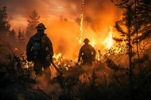 Firefighters extinguish a forest fire. The concept of dangerous work of rescuers. Generated by artificial intelligence photo