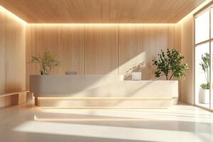 A lighted reception area in a medical clinic with wooden walls. A workstation at the counter with a computer. Generated by artificial intelligence photo