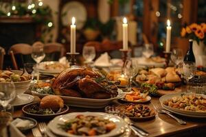 A festive table for the whole family with many dishes. Celebrating Thanksgiving Day. Generated by artificial intelligence photo