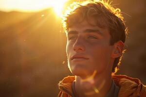 Backlit portrait of calm kind face of a young man against the backdrop of low mountains and sunlight. The concept of mental health. photo