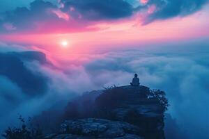 Meditation spot on top of mountain with fog at dawn. A man is sitting on the top of a mountain. photo