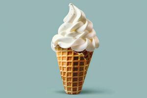 Realistic image of vanilla ice cream in a waffle cone on a blue background. Generated by artificial intelligence photo