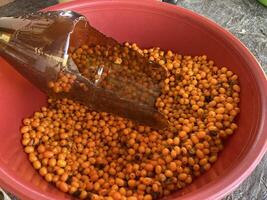 Production of sea buckthorn juice from berries photo
