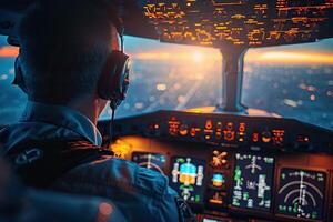 A pilot in the cockpit of an airplane during a flight with a view of the first rays of sunrise. Generated by artificial intelligence photo
