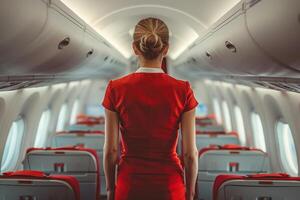 Flight attendant in bright red uniform walks through the cabin of the plane, rear view. Travel, service, transport, airplane concept photo