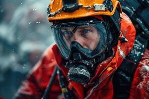 Rescuer in protective suit and mask against blurred background of nature. Generated by artificial intelligence photo