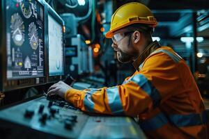 The drilling rig master monitors the process of drilling an oil well on the computer screen. Generated by artificial intelligence photo