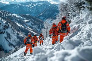 A group of rescuers and a rescue helicopter in the mountains in winter. Generated by artificial intelligence photo
