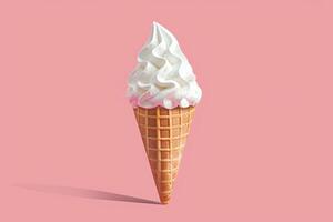 Realistic image of vanilla ice cream in a waffle cone on a pink background. Generated by artificial intelligence photo