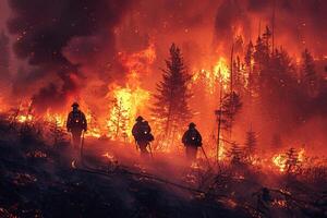 Firefighters extinguish a forest fire. The concept of dangerous work of rescuers. Generated by artificial intelligence photo