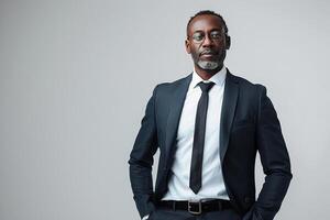 Portrait of smart successful African American man in business suit on white background. Generated by artificial intelligence photo