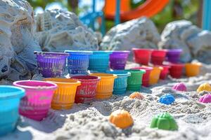 Children's plastic shovels, bucket and molds for playing in the sand on the beach. Generated by artificial intelligence photo