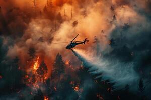 A firefighting helicopter drops water on a forest fire. Natural disaster photo