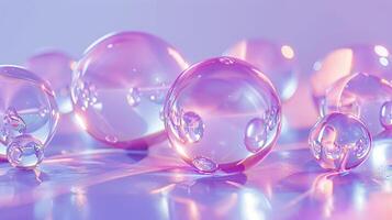 Rainbow crystal spheres or balls on purple background. Glass abstract composition of geometric shapes with holographic gradient texture. Generated by artificial intelligence photo