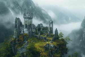 Gloomy ancient castle with high spiers in the mountains and rocks in fog. Generated by artificial intelligence photo