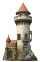 Small stone tower with red roofs in daylight, cut out - stock . png